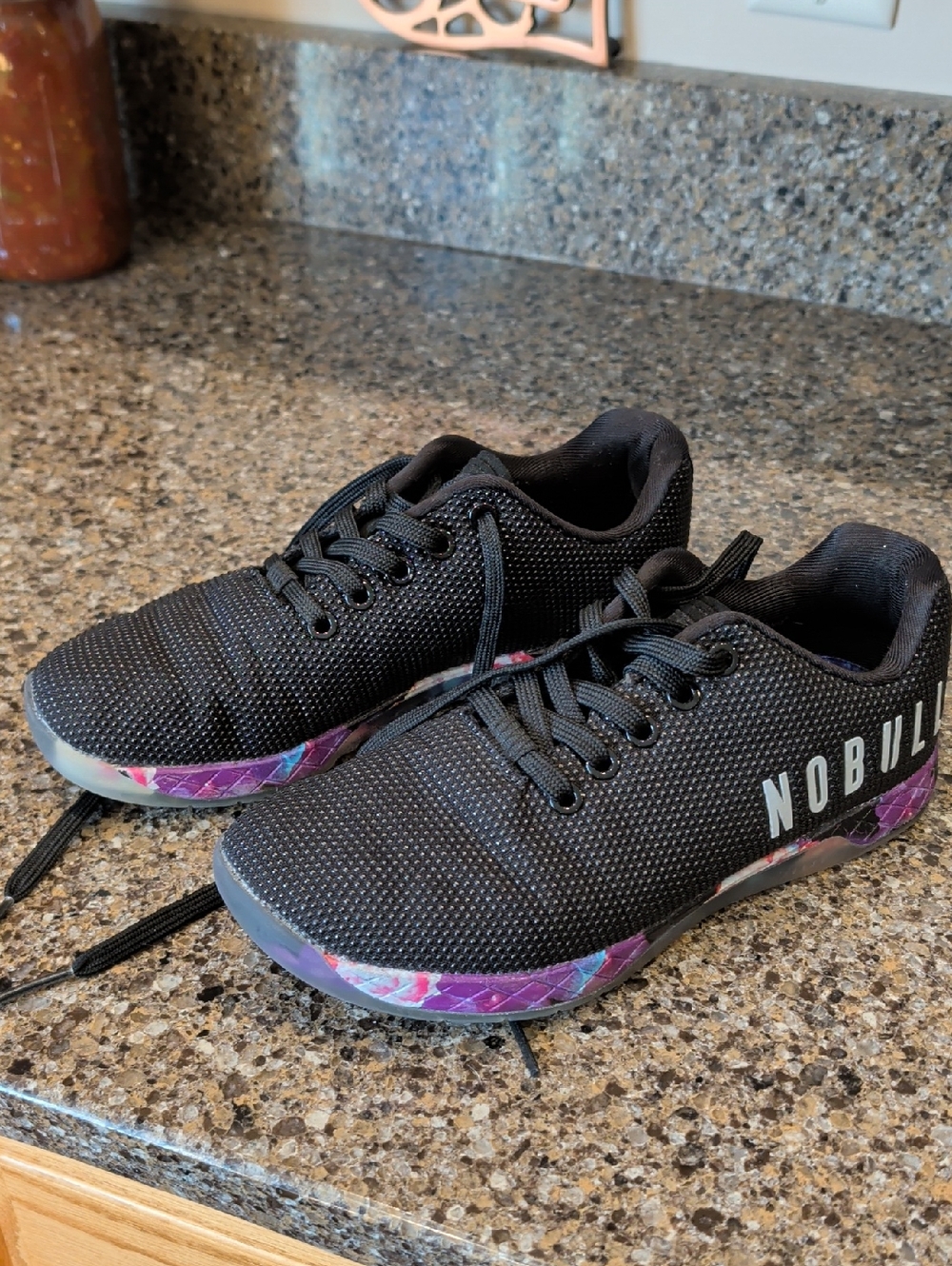 NOBULL Black Knit Trainers with Purple-Pink Marbled Midsole